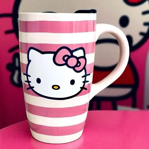 NWT Gorgeous Hello Kitty Pink Striped Glossy Ceramic Tall Travel Mug with lid - Picture 7 of 16